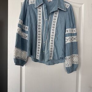 Pastels Clothing Light Blue Lace-Trim Button Front Blouse